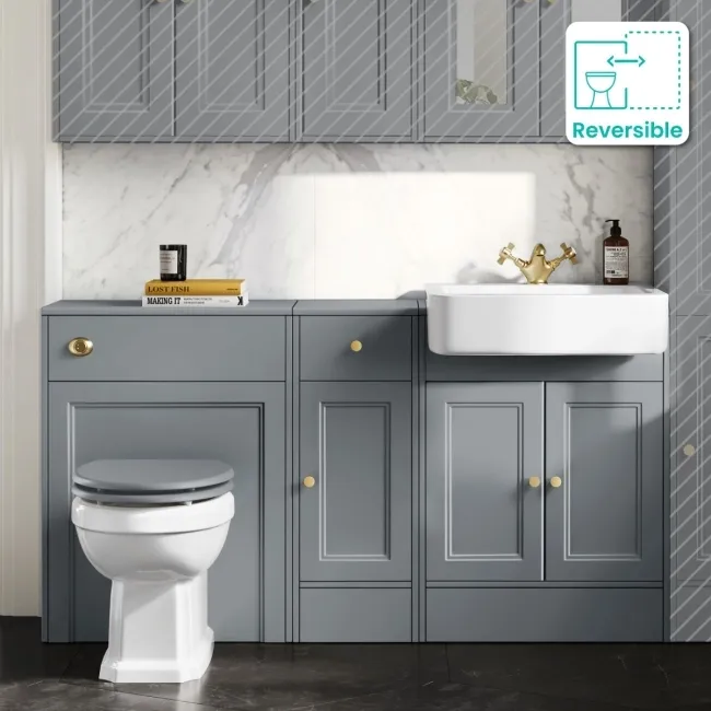 Monaco Dove Grey Combination Vanity Basin and Hudson Toilet with Wooden Seat 1500mm - Brushed Brass Accents