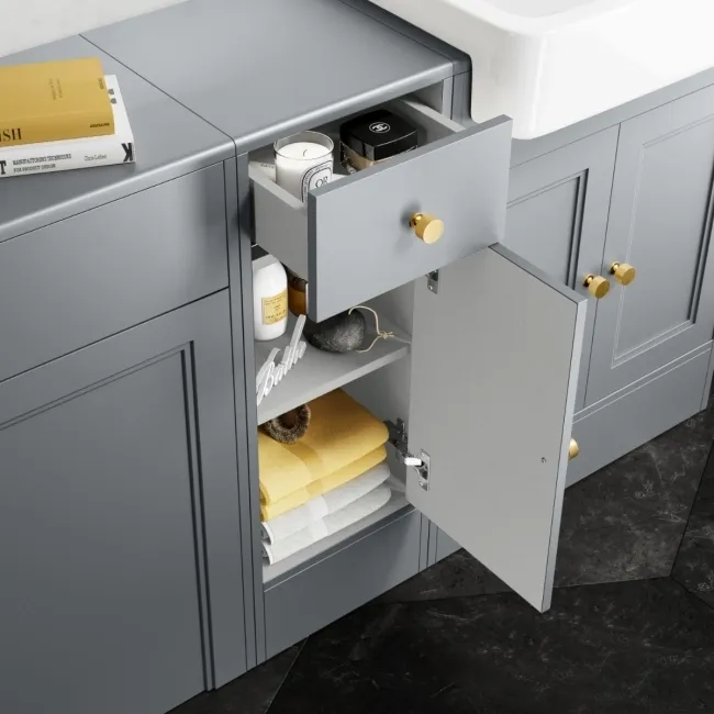 Monaco Dove Grey Combination Vanity Basin and Hudson Toilet with Wooden Seat 1500mm - Brushed Brass Accents