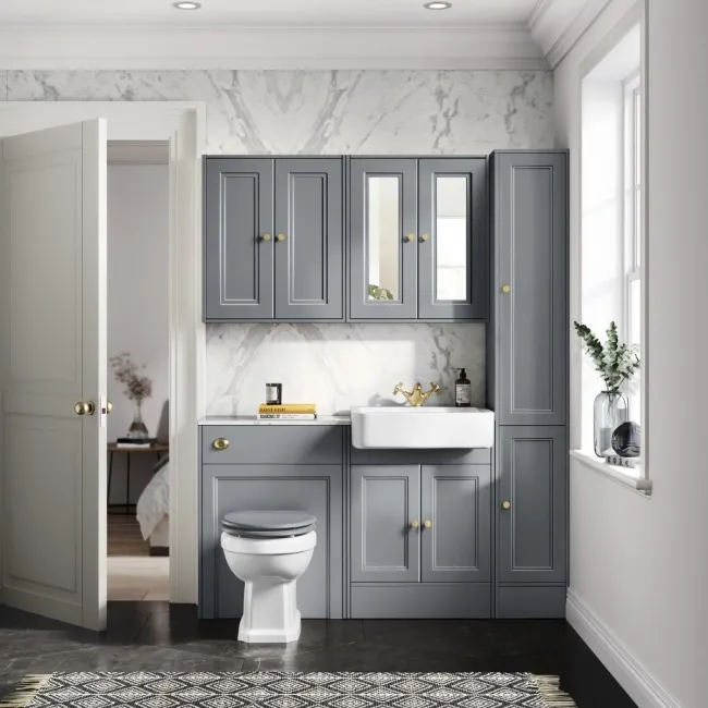 Monaco Dove Grey Combination Vanity Basin with Marble Top & Hudson Toilet with Wooden Seat 1200mm - Brushed Brass Accents