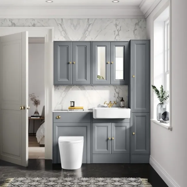 Monaco Dove Grey Combination Vanity Basin with Marble Top & Boston Toilet 1200mm - Brushed Brass Accents