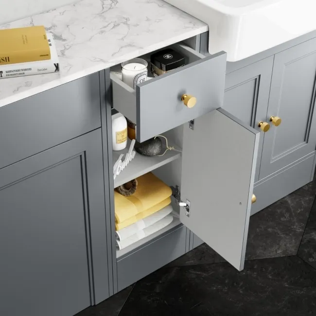 Monaco Dove Grey Combination Vanity Basin with Marble Top and Hudson Toilet with Wooden Seat 1500mm - Brushed Brass Accents
