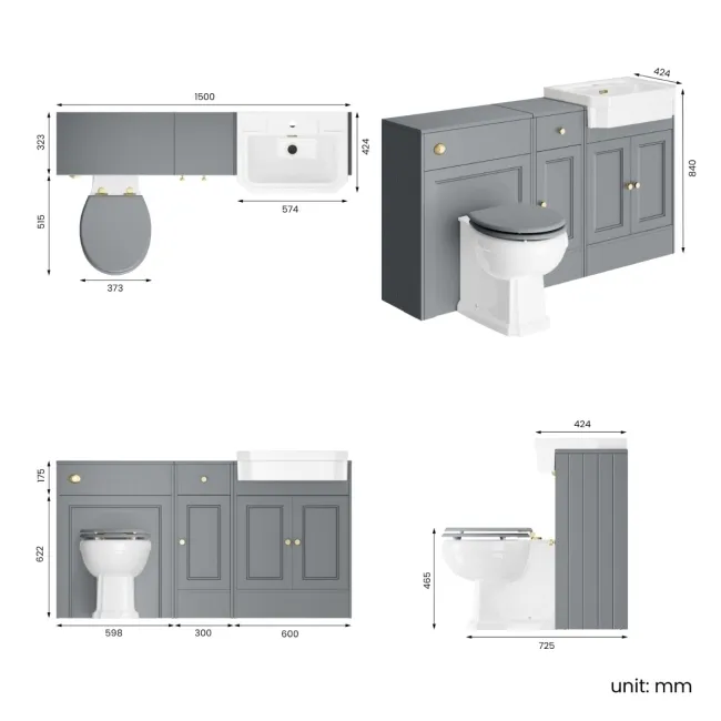 Monaco Dove Grey Combination Vanity Traditional Basin and Hudson Toilet with Wooden Seat 1500mm - Brushed Brass Accents