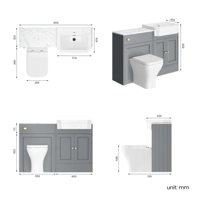 Monaco Dove Grey Combination Vanity Traditional Basin with Marble Top & Atlanta Toilet 1200mm - Brushed Brass Accents