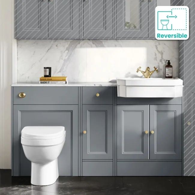 Monaco Dove Grey Combination Vanity Traditional Basin with Marble Top and Seattle Toilet 1500mm - Brushed Brass Accents