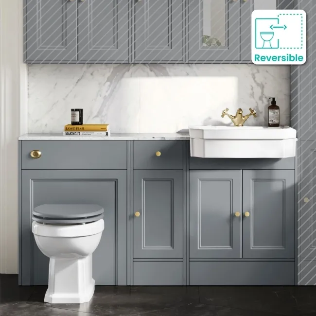 Monaco Dove Grey Combination Vanity Traditional Basin with Marble Top & Hudson Toilet with Wooden Seat 1500mm - Brushed Brass Accents