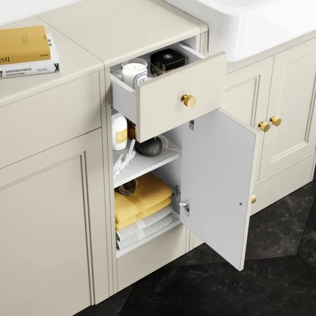 Monaco Chalk White Combination Vanity Basin and Hudson Toilet with Wooden Seat 1500mm - Brushed Brass Accents