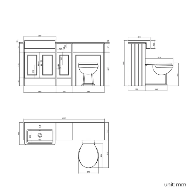 Monaco Chalk White Combination Vanity Basin and Hudson Toilet with Wooden Seat 1500mm - Brushed Brass Accents