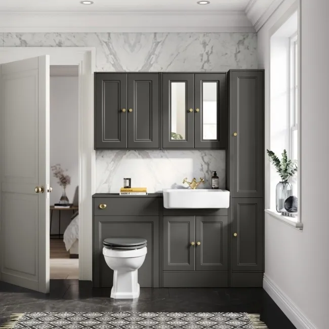 Monaco Graphite Grey Combination Vanity Basin and Hudson Toilet with Wooden Seat 1200mm - Brushed Brass Accents