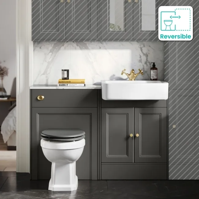 Monaco Graphite Grey Combination Vanity Basin with Marble Top & Hudson Toilet with Wooden Seat 1200mm - Brushed Brass Accents