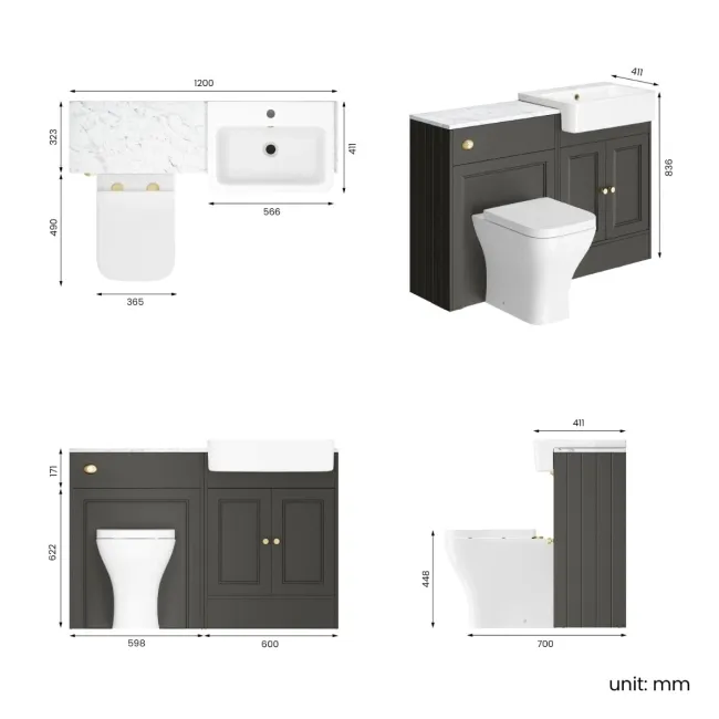 Monaco Graphite Grey Combination Vanity Basin with Marble Top & Atlanta Toilet 1200mm - Brushed Brass Accents