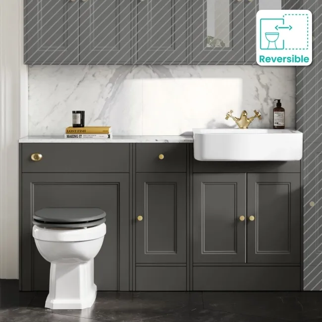 Monaco Graphite Grey Combination Vanity Basin with Marble Top and Hudson Toilet with Wooden Seat 1500mm - Brushed Brass Accents
