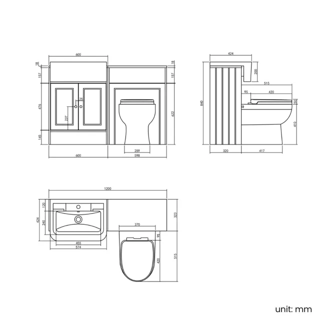 Monaco Graphite Grey Combination Vanity Traditional Basin and Seattle Toilet 1200mm - Brushed Brass Accents