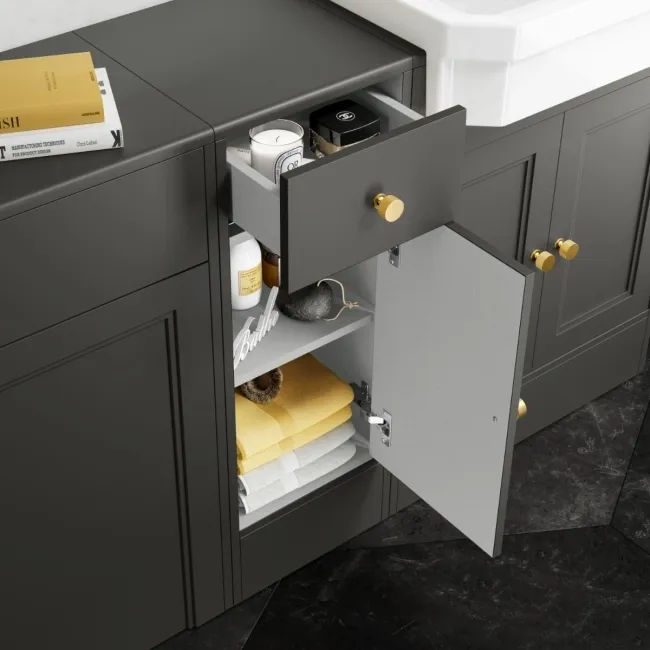 Monaco Graphite Grey Combination Vanity Traditional Basin and Hudson Toilet with Wooden Seat 1500mm - Brushed Brass Accents