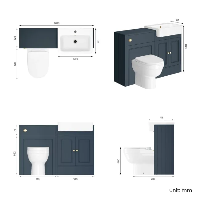 Monaco Inky Blue Combination Vanity Basin and Seattle Toilet 1200mm - Brushed Brass Accents