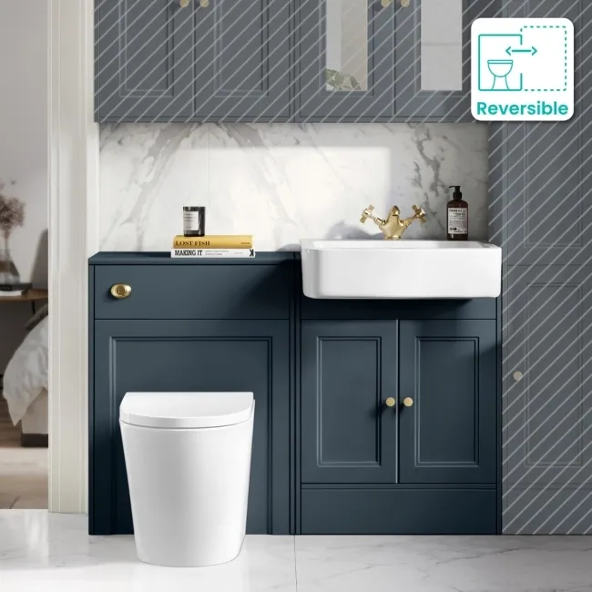 Monaco Inky Blue Combination Vanity Basin and Boston Toilet 1200mm - Brushed Brass Accents