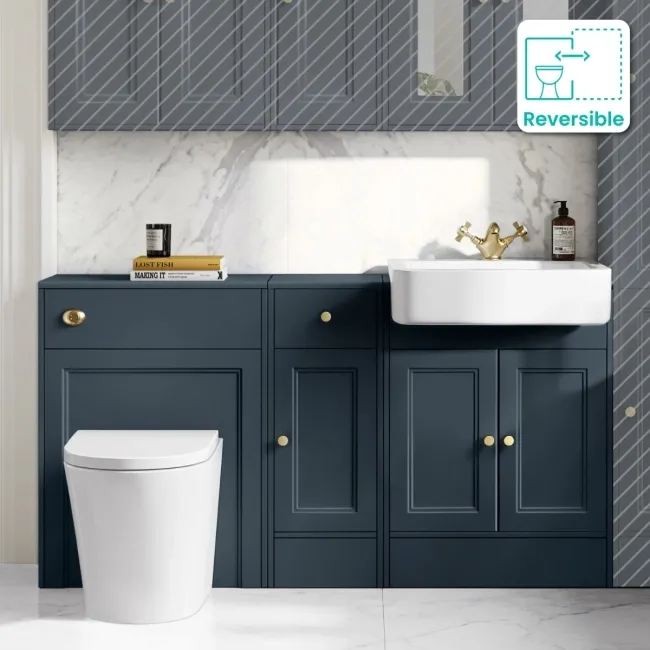 Monaco Inky Blue Combination Vanity Basin and Boston Toilet 1500mm - Brushed Brass Accents