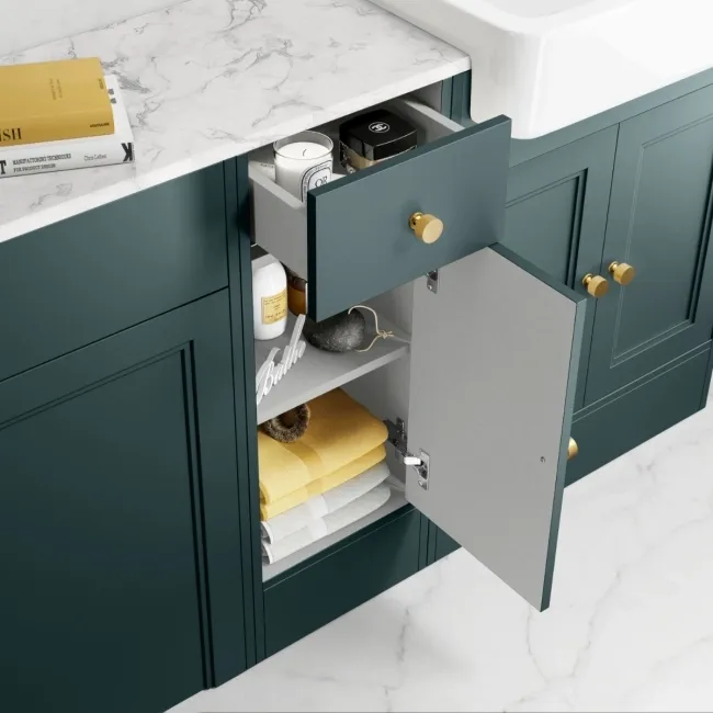 Monaco Midnight Green Combination Vanity Basin with Marble Top and Seattle Toilet 1500mm - Brushed Brass Accents