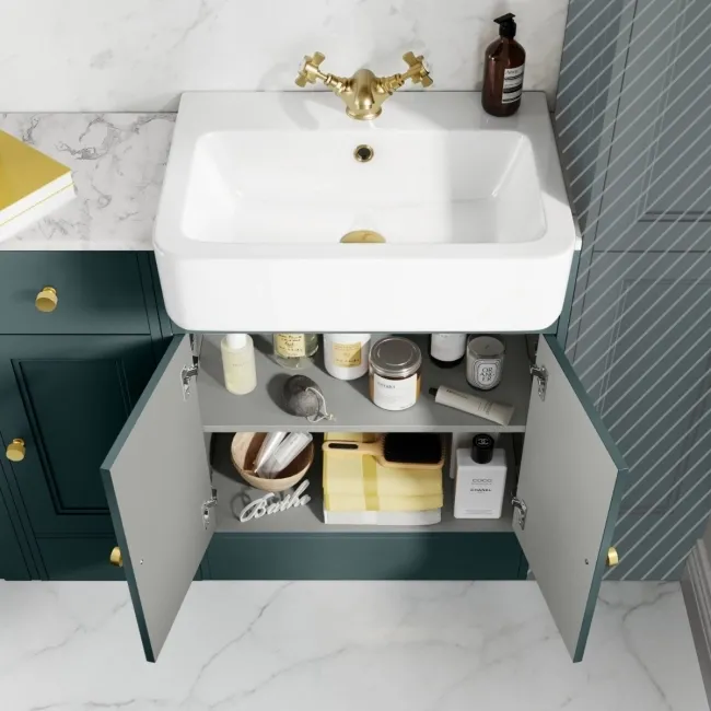 Monaco Midnight Green Combination Vanity Basin with Marble Top and Boston Toilet 1500mm - Brushed Brass Accents