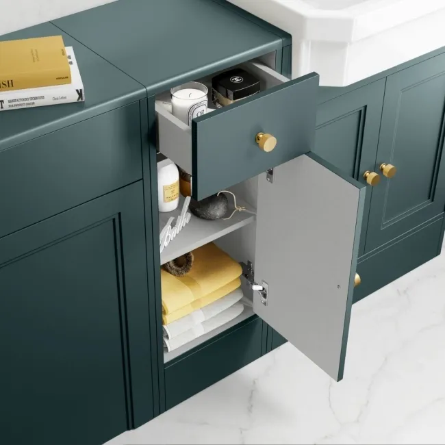 Monaco Midnight Green Combination Vanity Traditional Basin and Boston Toilet 1500mm - Brushed Brass Accents