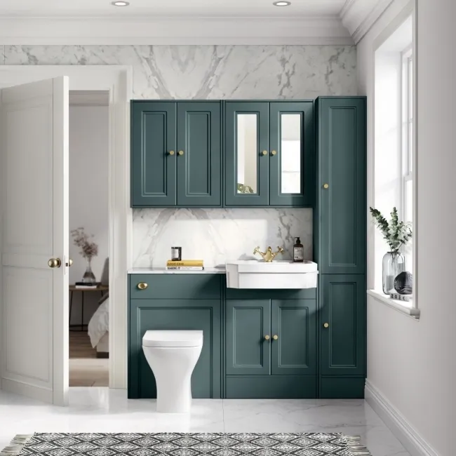 Monaco Midnight Green Combination Vanity Traditional Basin with Marble Top & Atlanta Toilet 1200mm - Brushed Brass Accents