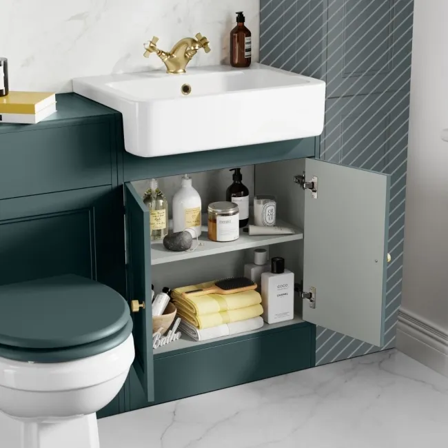 Monaco Midnight Green Combination Vanity Basin and Hudson Toilet with Wooden Seat 1200mm - Brushed Brass Accents