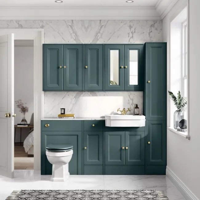 Monaco Midnight Green Combination Vanity Traditional Basin with Marble Top & Hudson Toilet with Wooden Seat 1500mm - Brushed Brass Accents