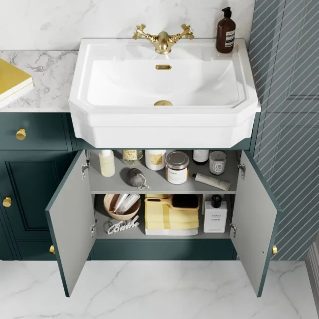 Monaco Midnight Green Combination Vanity Traditional Basin with Marble Top & Hudson Toilet with Wooden Seat 1500mm - Brushed Brass Accents