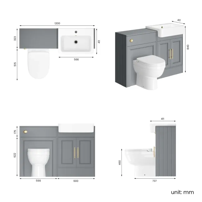 Monaco Dove Grey Combination Vanity Basin and Seattle Toilet 1200mm - Brass Knurled Handles