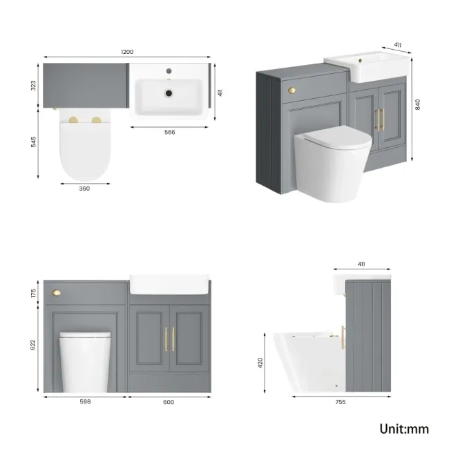 Monaco Dove Grey Combination Vanity Basin and Boston Toilet 1200mm - Brass Knurled Handles