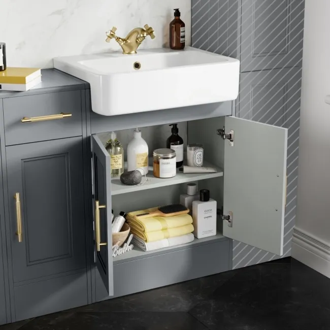 Monaco Dove Grey Combination Vanity Basin and Hudson Toilet with Wooden Seat 1500mm - Brass Knurled Handles