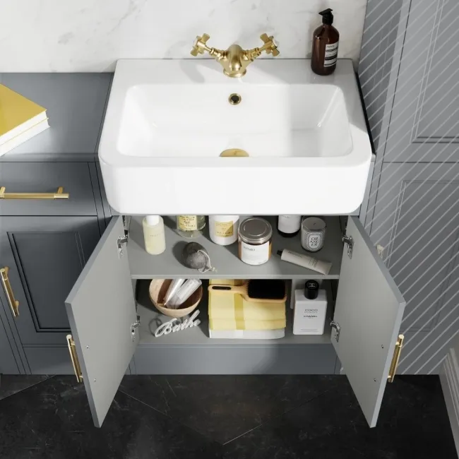 Monaco Dove Grey Combination Vanity Basin and Hudson Toilet with Wooden Seat 1500mm - Brass Knurled Handles