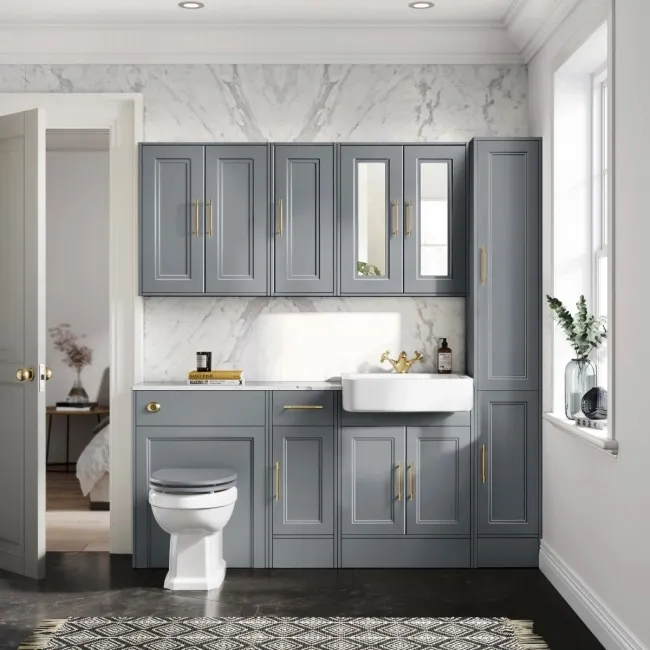 Monaco Dove Grey Combination Vanity Basin with Marble Top and Hudson Toilet with Wooden Seat 1500mm - Brass Knurled Handles