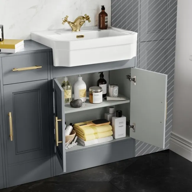 Monaco Dove Grey Combination Vanity Traditional Basin and Hudson Toilet with Wooden Seat 1500mm - Brass Knurled Handles
