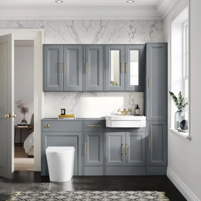 Monaco Dove Grey Combination Vanity Traditional Basin and Boston Toilet 1500mm - Brass Knurled Handles