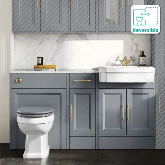 Monaco Dove Grey Combination Vanity Traditional Basin with Marble Top & Hudson Toilet with Wooden Seat 1500mm - Brass Knurled Handles