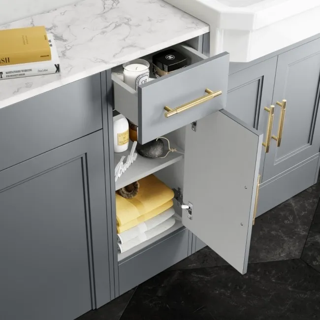 Monaco Dove Grey Combination Vanity Traditional Basin with Marble Top & Hudson Toilet with Wooden Seat 1500mm - Brass Knurled Handles