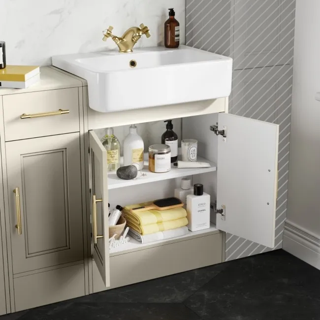 Monaco Chalk White Combination Vanity Basin and Hudson Toilet with Wooden Seat 1500mm - Brass Knurled Handles