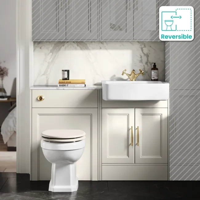 Monaco Chalk White Combination Vanity Basin with Marble Top & Hudson Toilet with Wooden Seat 1200mm - Brass Knurled Handles