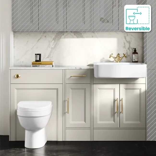 Monaco Chalk White Combination Vanity Basin with Marble Top and Seattle Toilet 1500mm - Brass Knurled Handles