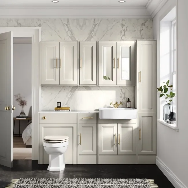 Monaco Chalk White Combination Vanity Basin with Marble Top and Hudson Toilet with Wooden Seat 1500mm - Brass Knurled Handles