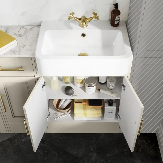 Monaco Chalk White Combination Vanity Basin with Marble Top and Hudson Toilet with Wooden Seat 1500mm - Brass Knurled Handles