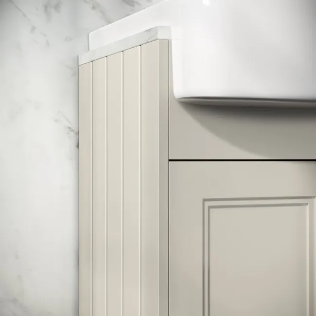 Monaco Chalk White Combination Vanity Basin with Marble Top and Hudson Toilet with Wooden Seat 1500mm - Brass Knurled Handles
