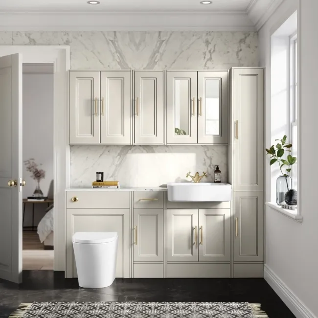 Monaco Chalk White Combination Vanity Basin with Marble Top and Boston Toilet 1500mm - Brass Knurled Handles