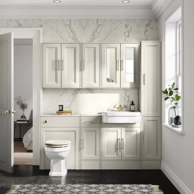 Monaco Chalk White Combination Vanity Traditional Basin and Hudson Toilet with Wooden Seat 1500mm - Brass Knurled Handles