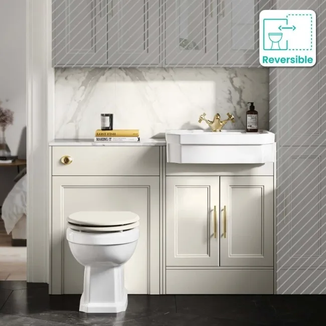 Monaco Chalk White Combination Vanity Traditional Basin with Marble Top & Hudson Toilet with Wooden Seat 1200mm - Brass Knurled Handles