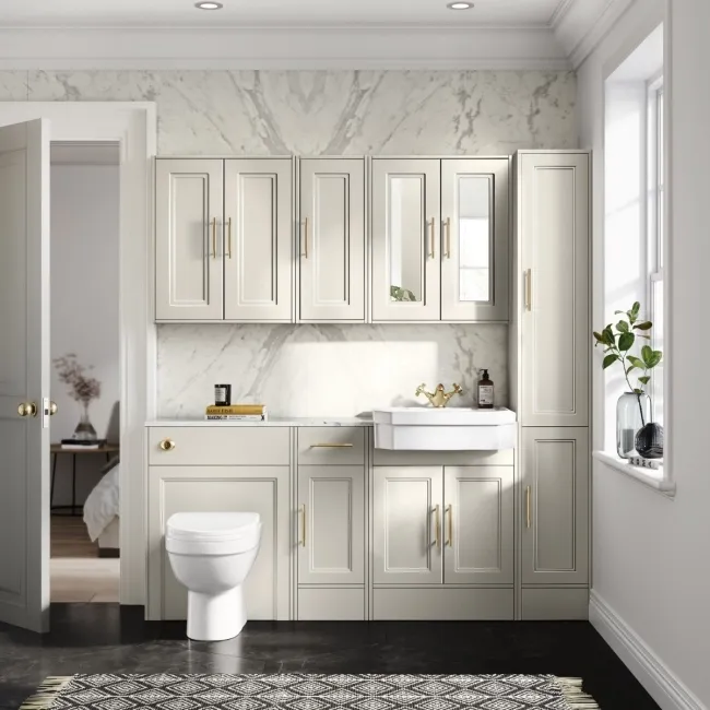 Monaco Chalk White Combination Vanity Traditional Basin with Marble Top and Seattle Toilet 1500mm - Brass Knurled Handles