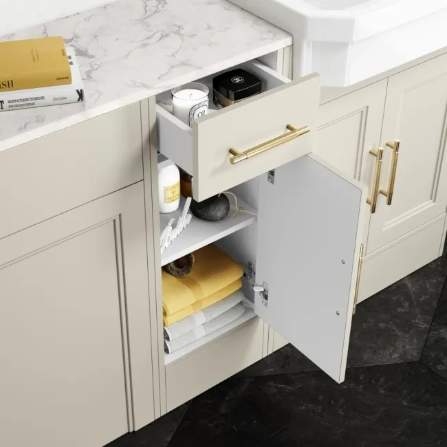 Monaco Chalk White Combination Vanity Traditional Basin with Marble Top and Seattle Toilet 1500mm - Brass Knurled Handles