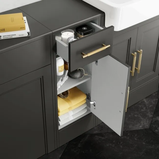 Monaco Graphite Grey Combination Vanity Basin and Hudson Toilet with Wooden Seat 1500mm - Brass Knurled Handles