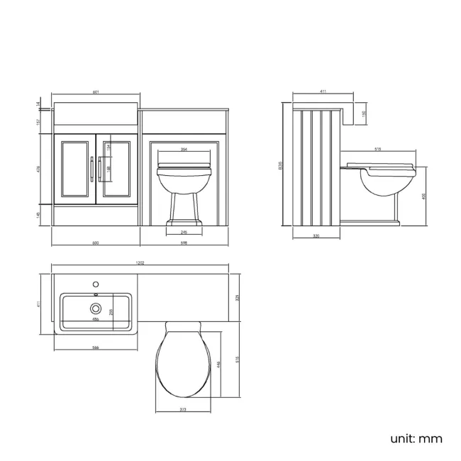 Monaco Graphite Grey Combination Vanity Basin with Marble Top & Hudson Toilet with Wooden Seat 1200mm - Brass Knurled Handles