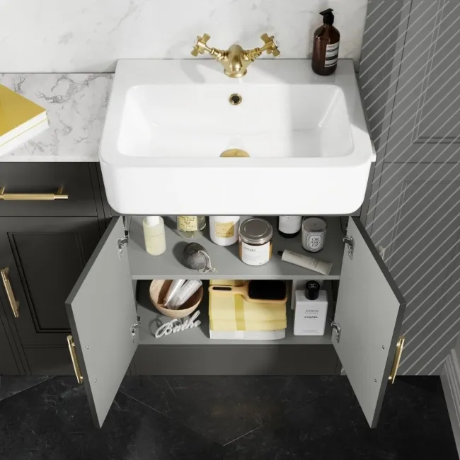 Monaco Graphite Grey Combination Vanity Basin with Marble Top and Hudson Toilet with Wooden Seat 1500mm - Brass Knurled Handles